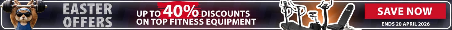 Ad banner with dark colors. In the center, an illustrated rabbit in workout clothes is shown lifting a barbell overhead. To the left, the texts read: “Easter Offers. Up to 40% discounts on top fitness equipment.” To the right, there are three pieces of fitness equipment, and the text reads: “Save now. Ends 20 April 2026.”
